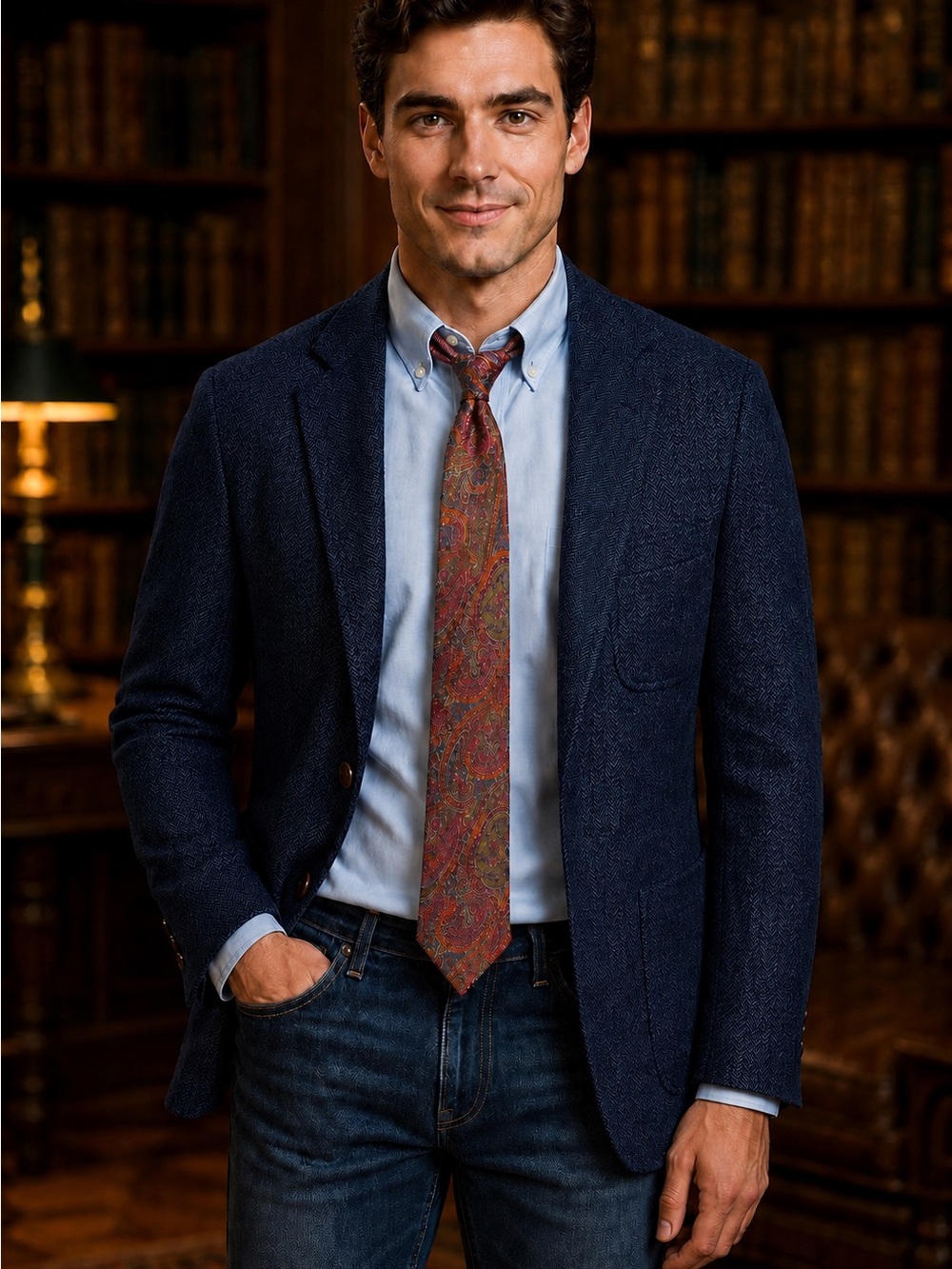 Vintage McKenzie Tribe Navy Herringbone Cotton Blazer and Robert Talbott Tie